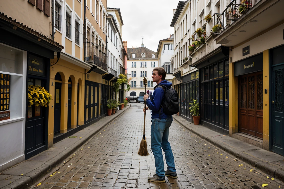 make a realistic , realism photo arafed with a broom and a backpack on a city street, by Joze Ciuha, by Fabien Charuau, by Etienne Delessert, by irakli nadar, by Pedro Pedraja, by Ibrahim Kodra, by Juan Carlos Stekelman, by Brad Holland, by Béla Nagy Abodi