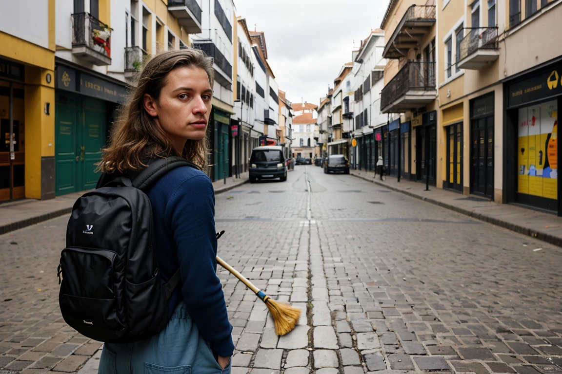 make a realistic , realism photo arafed with a broom and a backpack on a city street, by Joze Ciuha, by Fabien Charuau, by Etienne Delessert, by irakli nadar, by Pedro Pedraja, by Ibrahim Kodra, by Juan Carlos Stekelman, by Brad Holland, by Béla Nagy Abodi
