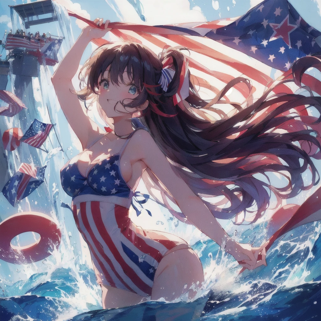Anime girl wearing an American flag swimsuit holding the American flag in a waterfall, A big smile,80s anime,Ultra HD Anime Wallpaper, anime art wallpaper 4k, anime art wallpaper 4k, Anime Style 4k, 4k anime wallpaper, Anime Art Wallpapers 8K, anime wallpaper 4k, anime wallpaper 4k, 4K Manga Wallpapers, HD Anime Wallpaper, everyone, Wallpaper Anime Blue Water