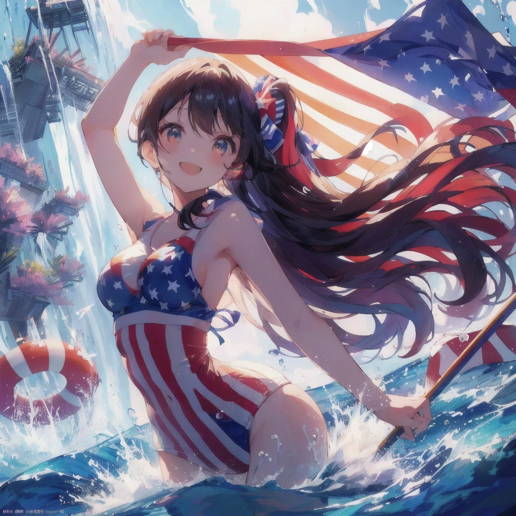 Anime girl wearing an American flag swimsuit holding the American flag in a waterfall, A big smile,80s anime,Ultra HD Anime Wallpaper, anime art wallpaper 4k, anime art wallpaper 4k, Anime Style 4k, 4k anime wallpaper, Anime Art Wallpapers 8K, anime wallpaper 4k, anime wallpaper 4k, 4K Manga Wallpapers, HD Anime Wallpaper, everyone, Wallpaper Anime Blue Water