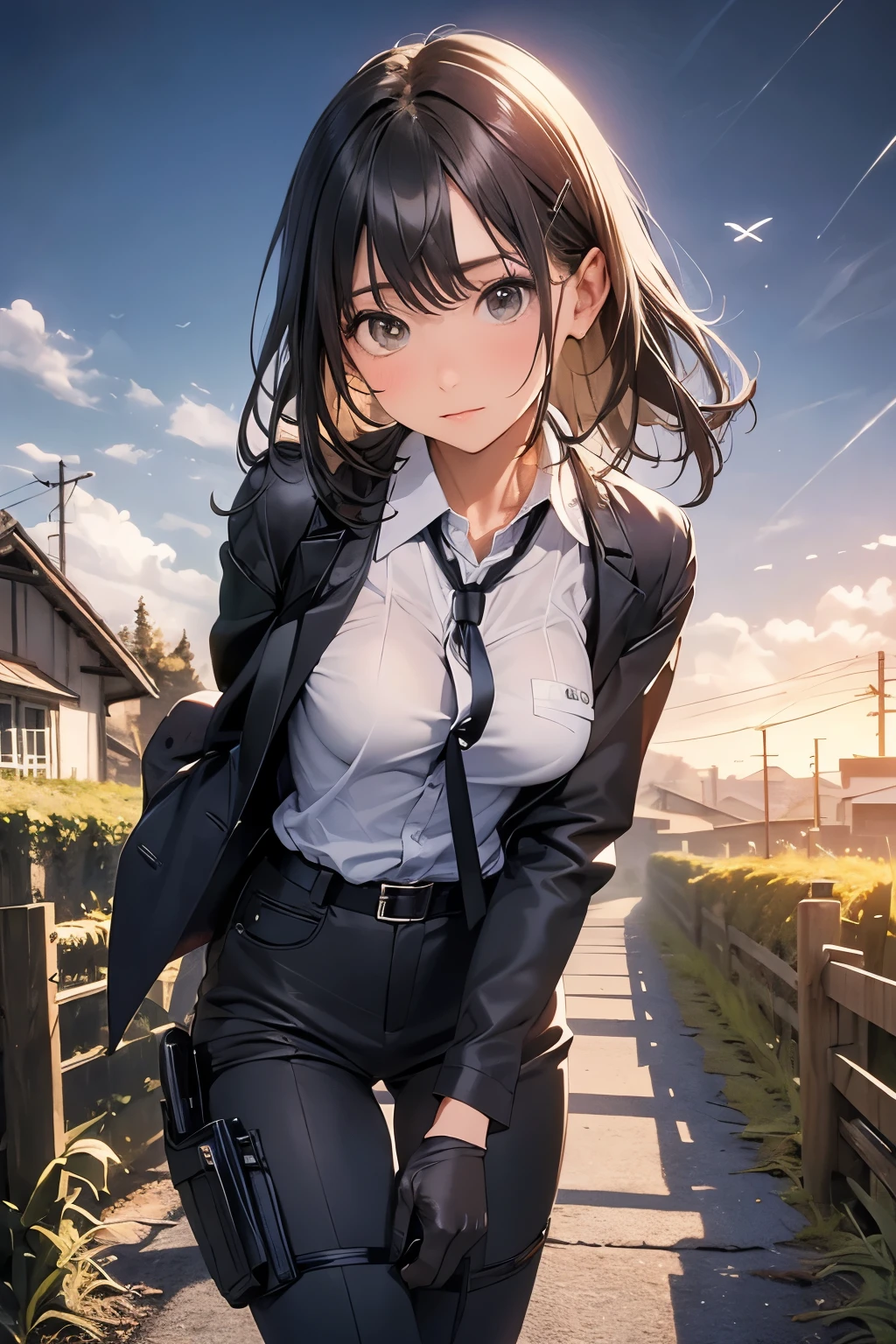 Highest quality, masterpiece, Ultra-high resolution, (realism: 1.4), Oil painting style, Cinema Lighting, An endless grassland dotted with a few houses, I stood on the empty asphalt road and looked at it., Fairy Mountain々was shrouded in mist, And the suspenders with the cranes flying　　　Moderate breasts　 　 　　　　Small face　 　　　holster　　　Beautiful woman　　　　 Lying in bed　Looking up　　　　Sweat 　　　belt　summer　脇Sweat 　Black Hole Gloves　suit　shirt　　Black jacket　 Black trousers　Leg Links　ズボンにbelt　　holster　Nipples show through the top of clothes