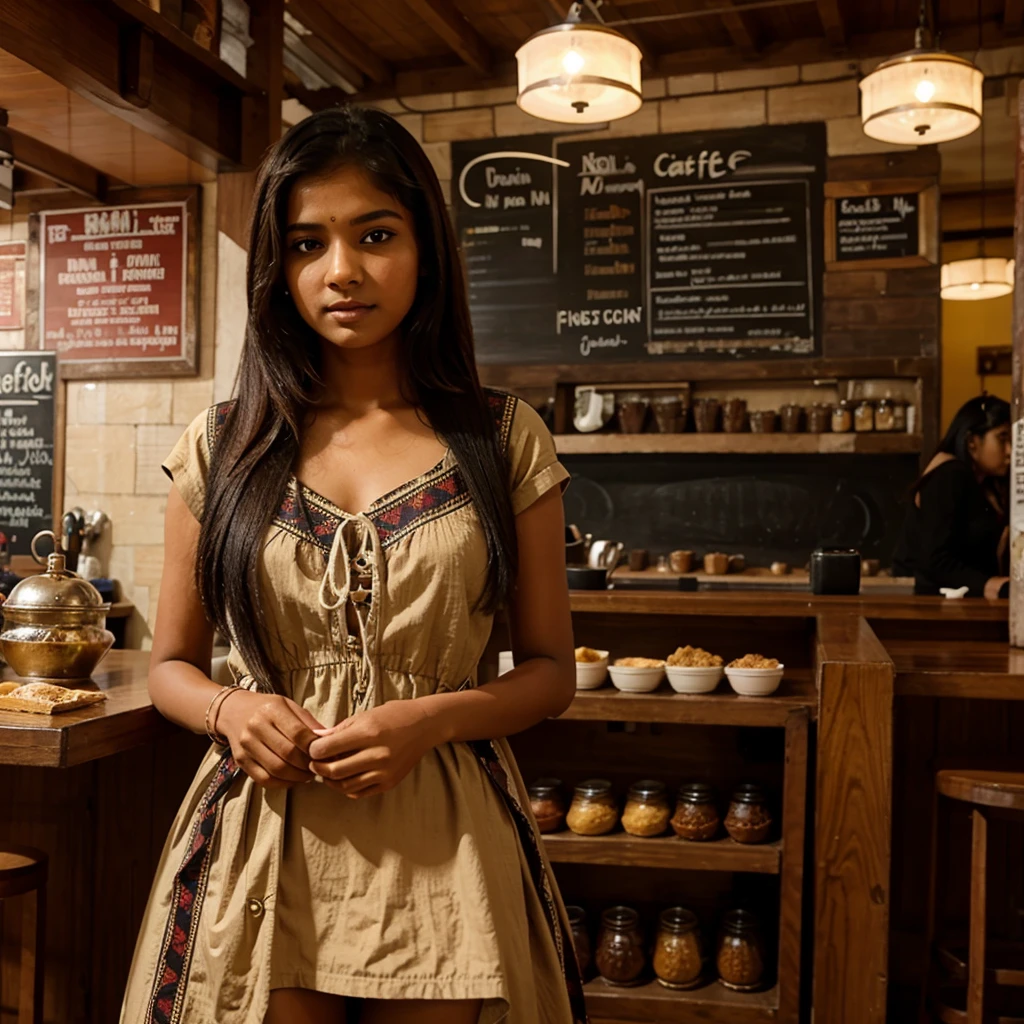 Indian girl wering western dress in indin cafe
