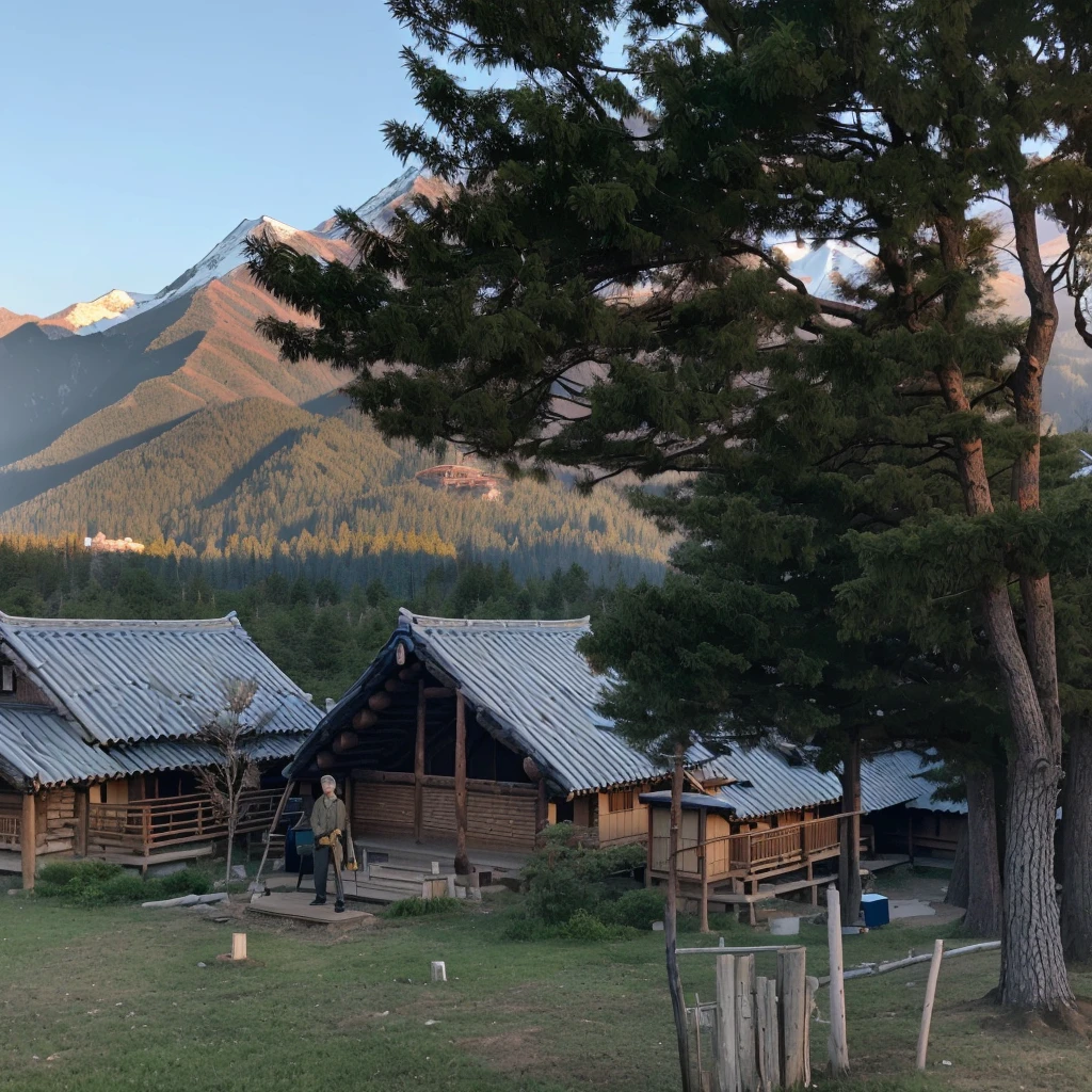 there is a man standing outside of a wooden building with a Mountains in the background脉, Campsite in the background, 背景为Japanese Village庄, Sci-fi Mongolian Village, 尖顶Log House顶, Mountains in the background, Military camp in the background, Looking from afar, Japanese Village, Yuruying, Log House, 远处的Log House, Mountains in the background脉