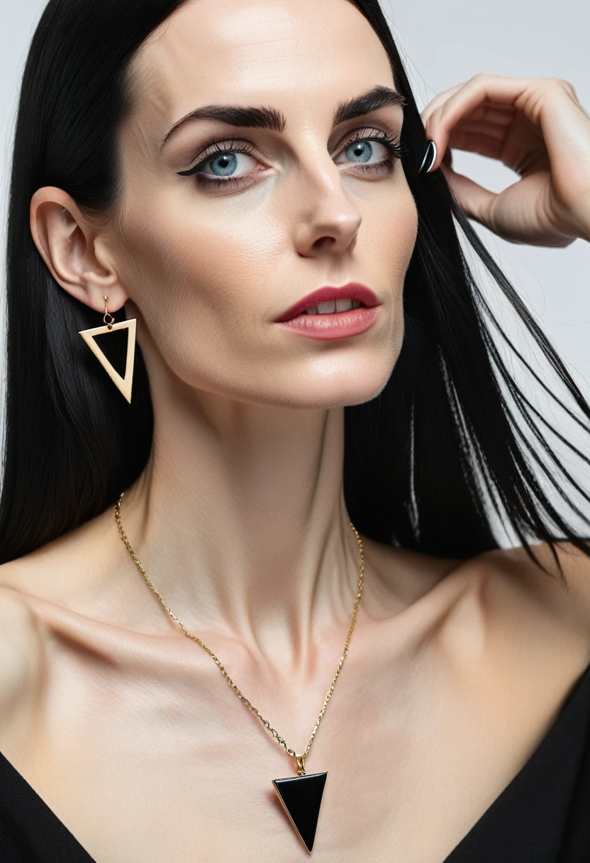 skinny 35 years old woman, , small ass, black long STRAIGHT hair, in a white background, black nails, triangular necklace, triangular earrings, showing vagina