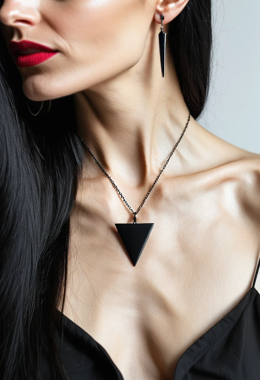 skinny 35 years old woman, , small ass, black long STRAIGHT hair, in a white background, black nails, triangular necklace, triangular earrings, showing vagina