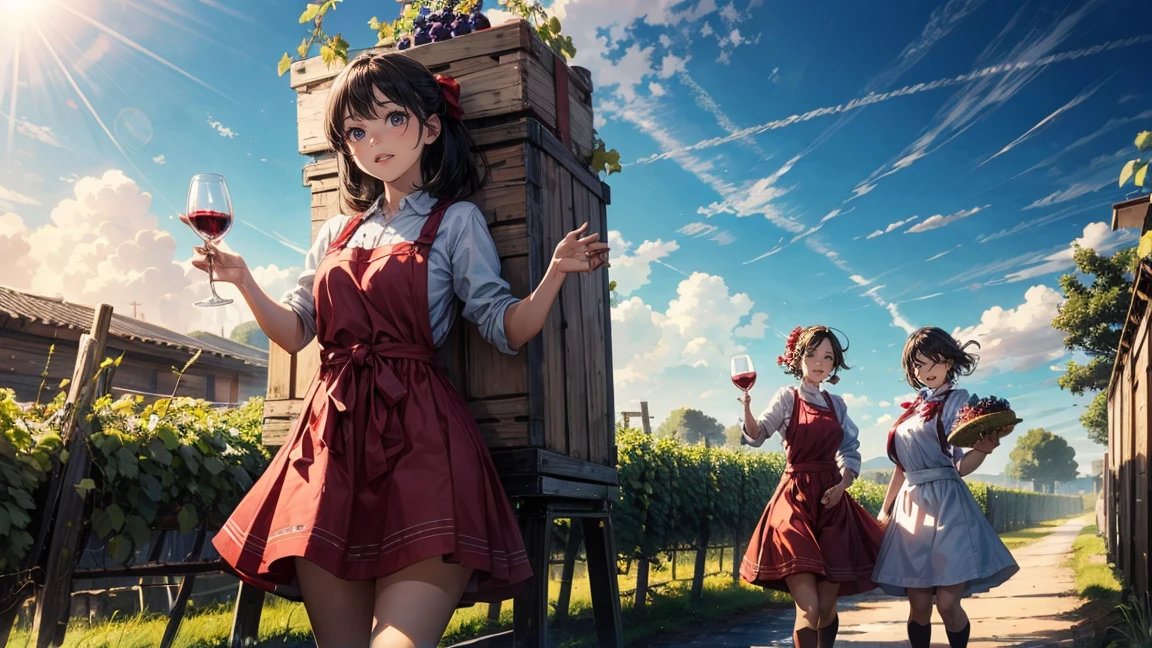 Two women joyfully stomping grapes under a clear blue sky as part of traditional winemaking. They are dressed in red dresses with white aprons, standing in a large wooden vat filled with grapes. The abundance of fruit around them adds to the scene's vibrancy, and their smiles reflect the fun of the moment. In the background, a sunny sky and the French countryside are visible. They are standing on the grapes in a large wooden vat.