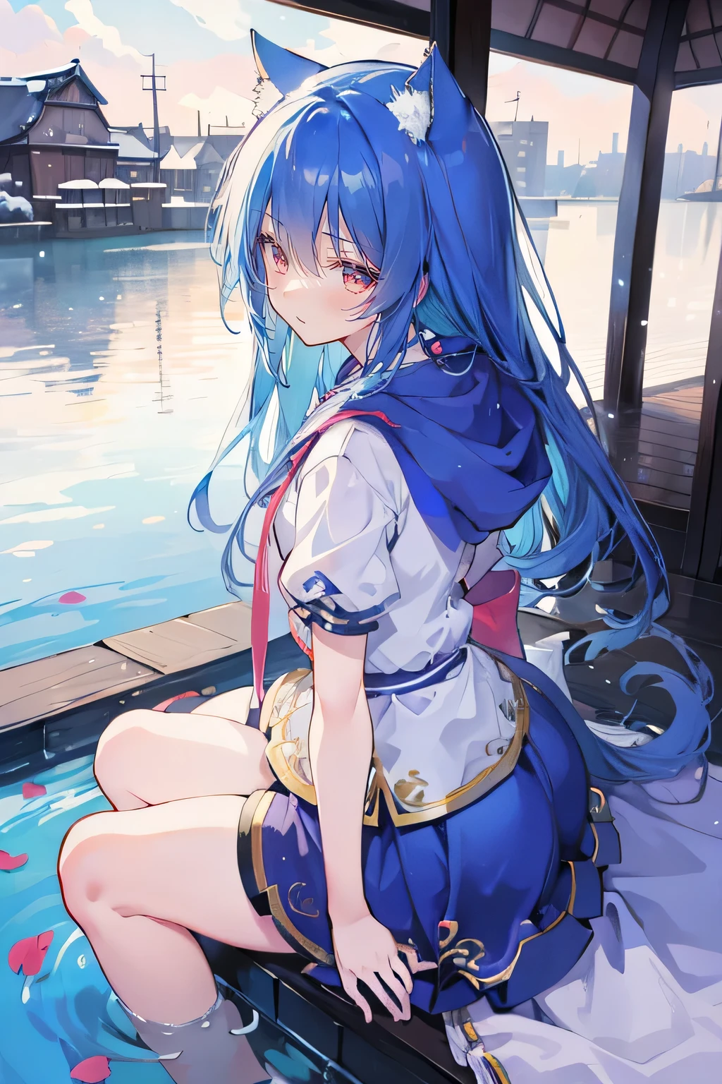 (masterpiece:1.2),Super detailed,lifelike,Expressive eyes,fair skin,perfect face shape,1 girl,
Japanese comics,Gorgeous blue hair,flowing blue hair,flowing clothes,Cat ears,Petals fall,beautiful lola,Baby Angel,
Shaking head with one hand,Cross your legs,Gentle and peaceful background,The pavilion is cool and comfortable,smile, wearing hoodie, background of tokyo,back views,snowing, winter,lie on the water.