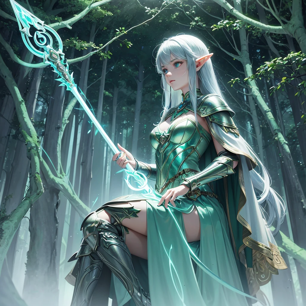 A young, adventurous female elf warrior standing in a mystical forest. She has long, flowing silver hair and piercing green eyes. Her armor is made of intricately designed silver and green metals, adorned with emeralds. She holds a glowing, ancient staff in her right hand and a small, enchanted shield in her left. The forest is dense with ancient trees, bioluminescent plants, and soft mist swirling around her feet. The mood is magical and mysterious, realistic, 4k, beautiful big eyes, cover legs
