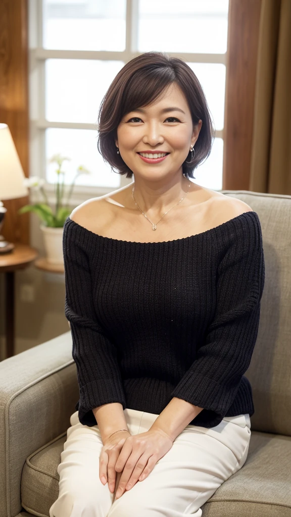 最high quality, 8K, Vibrant, Sharp focus, high quality, High resolution, Middle-aged women, Mature Woman, 55 years old, (Whole Body Ezbian), (High heels face detail, Highly detailed eyes, Plump figure、Plump face
"prompt": "A woman with short black hair is sitting on a sofa, wearing a colorful off-shoulder knit that reaches her knees. She is radiating the best smile, exuding warmth and happiness. The scene is set in a cozy living room with soft lighting, highlighting her joyful expression. The knit is vibrant and detailed, adding a pop of color to the setting. The overall atmosphere is cheerful and inviting, capturing a moment of pure joy and comfort.",