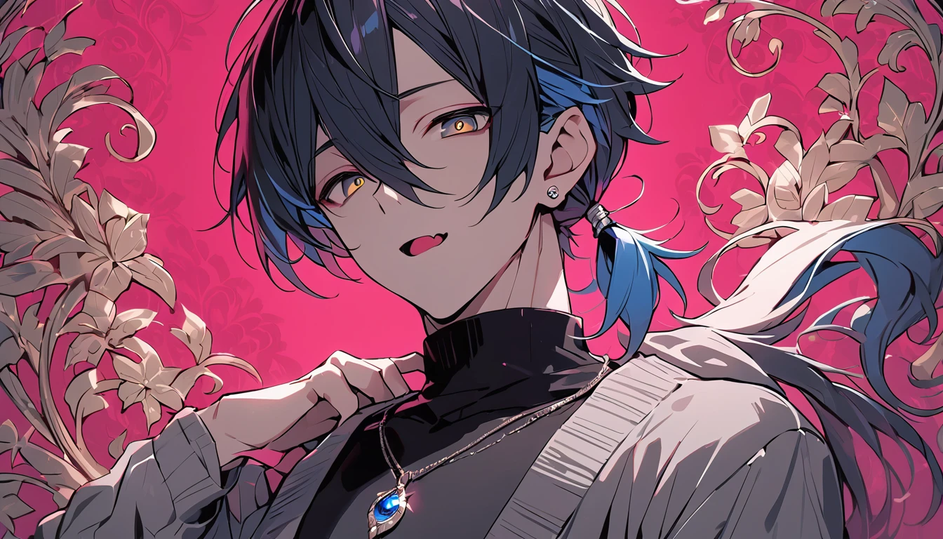 ((((best masterpiece, best quality, wallpaper,)))) solo, guy, male body, small muscles, flat chest, 1male, 30 years old, handsome man, dramatic angle, upper body, looking at viewers, beautiful detailed, staring blankly, mediumturquoise hair, ((((Lower short ponytail)))), asymmetrical bangs, ((short hair,)) ((( jitome, gold eyes, ^o^, tareme, droopy eyes,))) (((perfect face, extremely detailed eyes,))) perfect hands, sharp nose, clear face, black turtleneck, grey cardigan, ((silver piercing, pendant,)) leggings, pink background color ultrasharp, 8K, masterpiece,