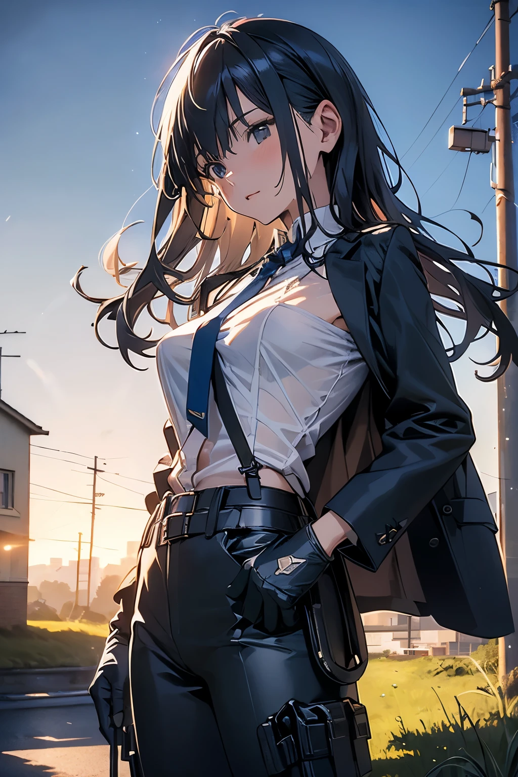 Highest quality, masterpiece, Ultra-high resolution, (realism: 1.4), Oil painting style, Cinema Lighting, An endless grassland dotted with a few houses, I stood on the empty asphalt road and looked at it., Fairy Mountain々was shrouded in mist, And the suspenders with the cranes flying Moderate breasts Small face holster Beautiful woman Lying in bed Looking up Sweat belt summer 脇Sweat Black Hole Gloves suit shirt Black jacket Black trousers Leg Links ズボンにbelt holster Nipples show through the top of clothes