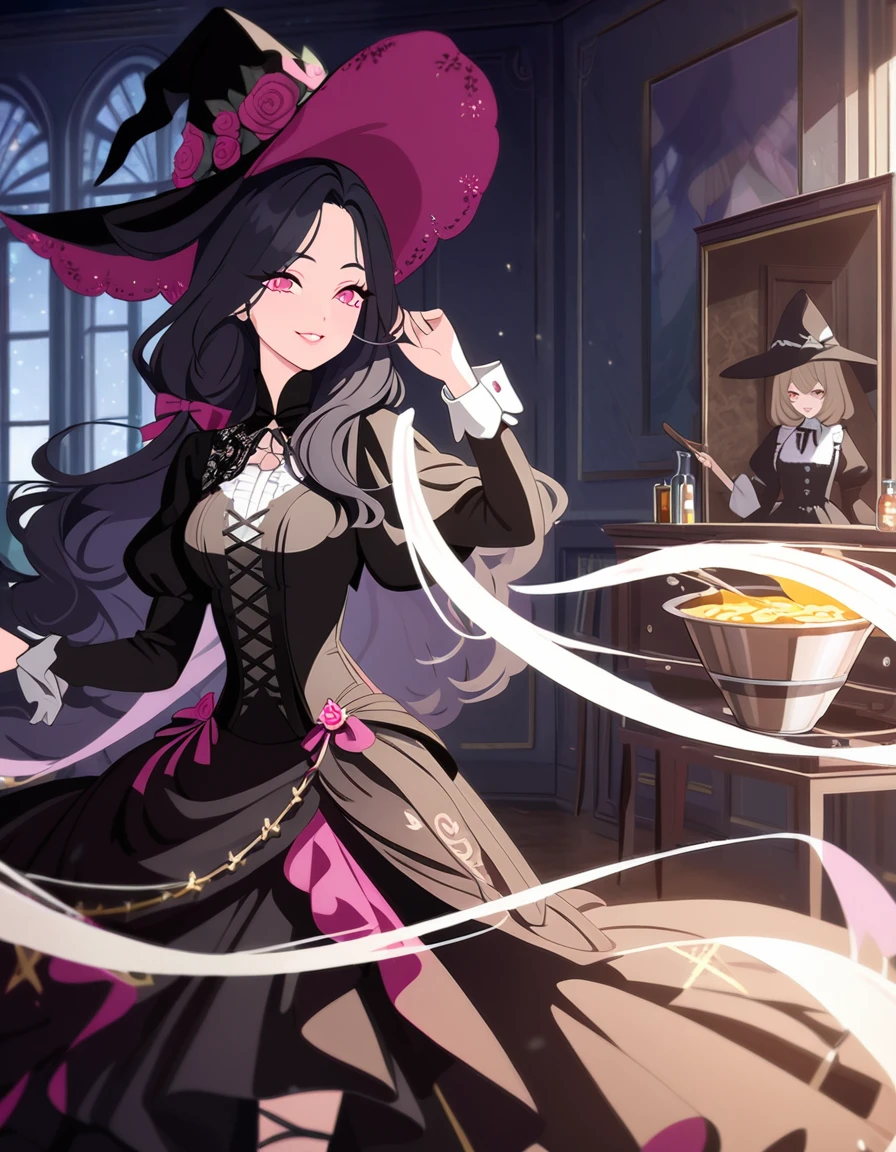 (best quality,4k,highres), pink-eyed,long black hair,girl looks happy,beautiful detailed eyes,beautiful detailed lips,long eyelashes,best quality portrait painting,detailed,physically-based rendering,ultra-fine painting,fine details,painting,a teenage boy has joined a witch coven and gets magically transformed into a cute teenage witch girl,gender bending,friendly witches are helping dressing up the new girl,she’s happily getting dressed in a stunning black victorian dress, physically-based rendering,gorgeous dress design,flowing gown,elaborate lace details,rich textures,contrast stitching,delicate ribbon bows,floral accents,full skirt,high neckline,long sleeves,fitted waistline,flared cuffs,lace-up back,imperfect fabrics,flawless silhouette,high heels, pink-eyed girl,effeminate face,pointy hat,long black hair,witches assisting in dressing up the new girl,promptly helps the new girl getting dressed in a stunning black Victorian dress,inside an abandoned castle, moonlit night with a full moon shining above, soft and ethereal lighting, magic pot, potions on a shelf, pentagram, high resolution, 4K, 8K