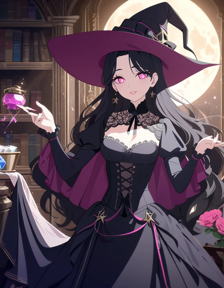 (best quality,4k,highres), pink-eyed,long black hair,girl looks happy,beautiful detailed eyes,beautiful detailed lips,long eyelashes,best quality portrait painting,detailed,physically-based rendering,ultra-fine painting,fine details,painting,a teenage boy has joined a witch coven and gets magically transformed into a cute teenage witch girl,gender bending,friendly witches are helping dressing up the new girl,she’s happily getting dressed in a stunning black victorian dress, physically-based rendering,gorgeous dress design,flowing gown,elaborate lace details,rich textures,contrast stitching,delicate ribbon bows,floral accents,full skirt,high neckline,long sleeves,fitted waistline,flared cuffs,lace-up back,imperfect fabrics,flawless silhouette,high heels, pink-eyed girl,effeminate face,pointy hat,long black hair,witches assisting in dressing up the new girl,promptly helps the new girl getting dressed in a stunning black Victorian dress,inside an abandoned castle, moonlit night with a full moon shining above, soft and ethereal lighting, magic pot, potions on a shelf, pentagram, high resolution, 4K, 8K