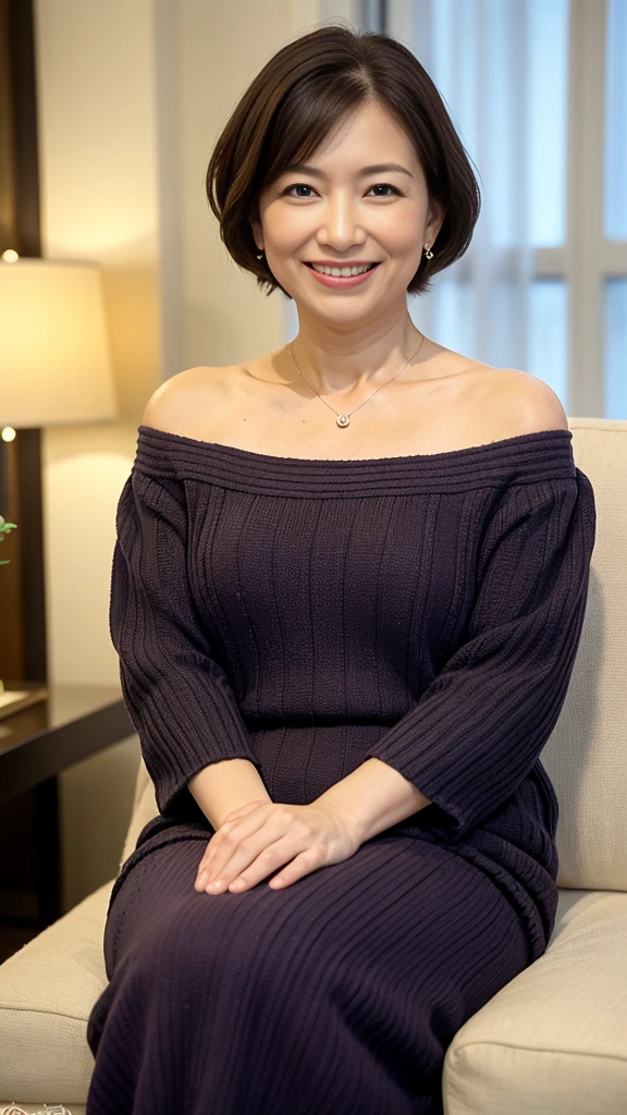 最high quality, 8K, Vibrant, Sharp focus, high quality, High resolution, Middle-aged women, Mature Woman, 55 years old, (Whole Body Ezbian), (High heels face detail, Highly detailed eyes, Plump figure、Plump face
"prompt": "A woman with short black hair is sitting on a sofa, wearing a colorful off-shoulder knit that reaches her knees. She is radiating the best smile, exuding warmth and happiness. The scene is set in a cozy living room with soft lighting, highlighting her joyful expression. The knit is vibrant and detailed, adding a pop of color to the setting. The overall atmosphere is cheerful and inviting, capturing a moment of pure joy and comfort.",