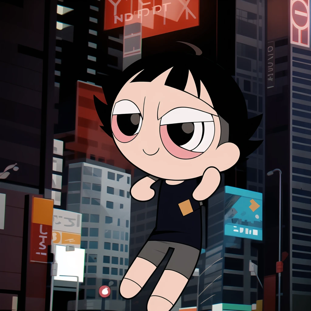 boy, shirt, short sleeves, pants, cute smile, full body, chibi, black hair, city background, (((Solo)))