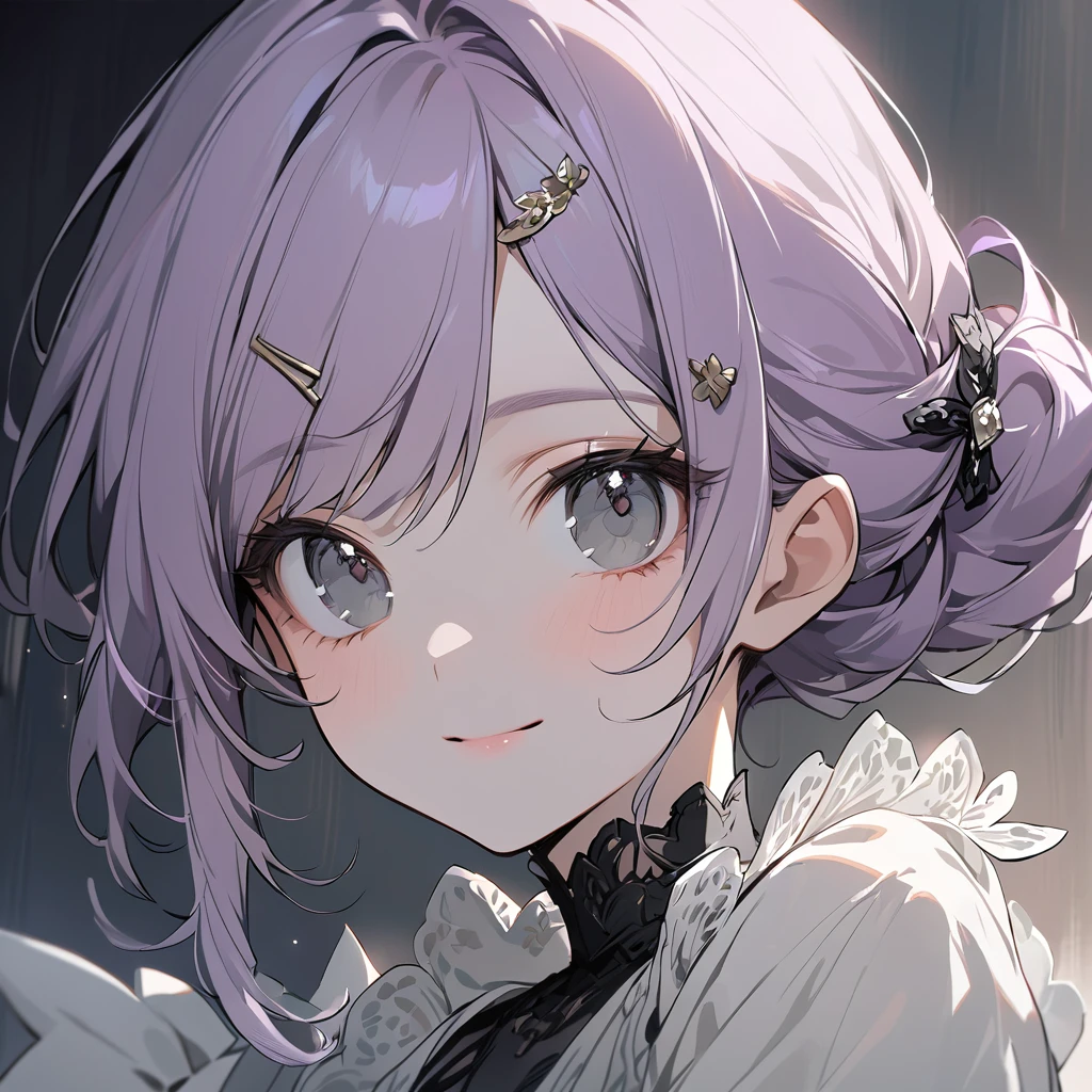 (Cute a girl:1.5), (a girl with closs hair pin,pale purple hair,bluntbangs hair,green and black eyes, a white smiling mask on one side of the girl's face, portrait, look at viewer:1.4), (masterpiece:1.3), anime visual, (Lovey-dovey:1.5), (tilt head:1.3), extremely delicate face, soft clean focus, realistic lighting and shading, (an extremely delicate and beautiful art:1.3), elegant, (muted colors:1.1), small breast,