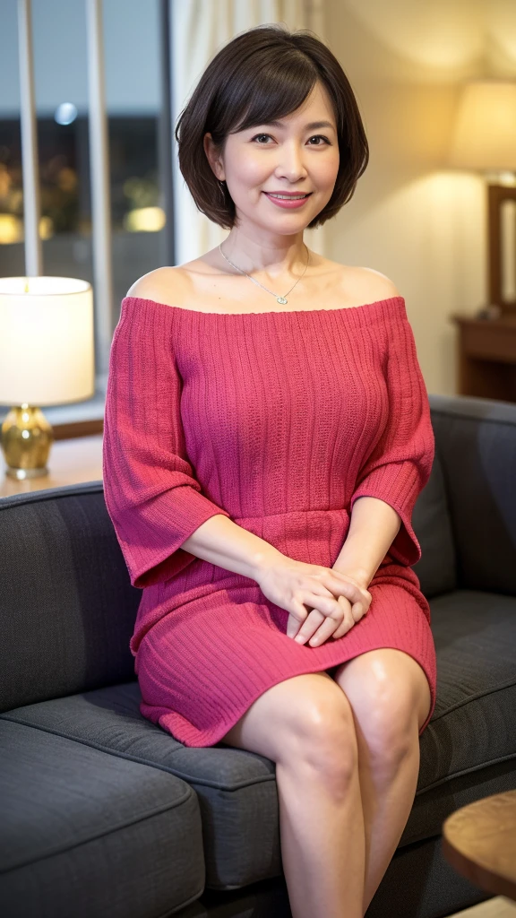 最high quality, 8K, Vibrant, Sharp focus, high quality, High resolution, Middle-aged women, Mature Woman, 55 years old, (Whole Body Ezbian), (High heels face detail, Highly detailed eyes, Plump figure、Plump face
"prompt": "A woman with short black hair is sitting on a sofa, wearing a colorful off-shoulder knit that reaches her knees. She is radiating the best smile, exuding warmth and happiness. The scene is set in a cozy living room with soft lighting, highlighting her joyful expression. The knit is vibrant and detailed, adding a pop of color to the setting. The overall atmosphere is cheerful and inviting, capturing a moment of pure joy and comfort.",