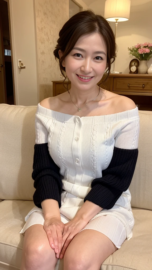 最high quality, 8K, Vibrant, Sharp focus, high quality, High resolution, Middle-aged women, Mature Woman, 55 years old, (Whole Body Ezbian), (High heels face detail, Highly detailed eyes, Plump figure、Plump face
"prompt": "A woman with short black hair is sitting on a sofa, wearing a colorful off-shoulder knit that reaches her knees. She is radiating the best smile, exuding warmth and happiness. The scene is set in a cozy living room with soft lighting, highlighting her joyful expression. The knit is vibrant and detailed, adding a pop of color to the setting. The overall atmosphere is cheerful and inviting, capturing a moment of pure joy and comfort.",

