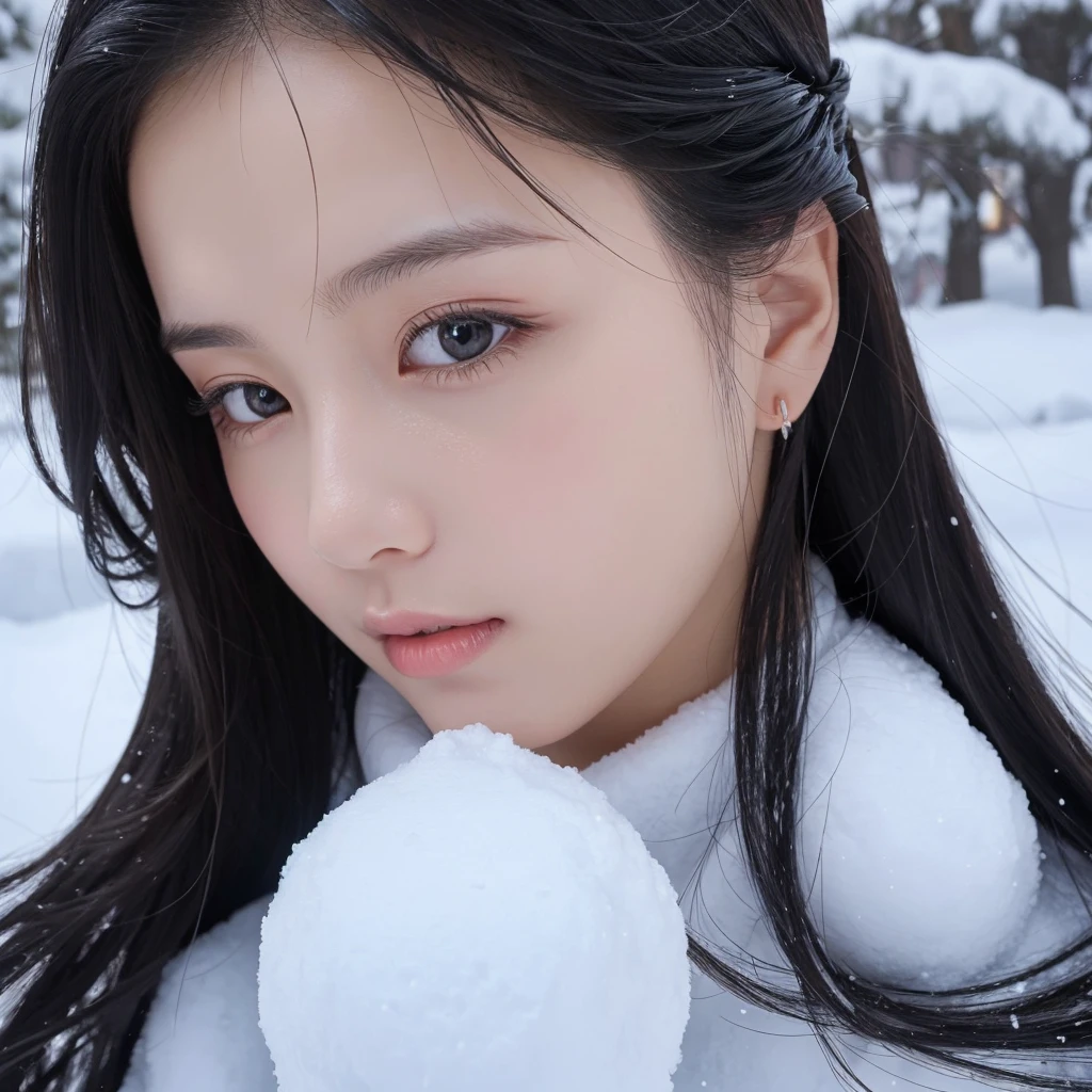 Close-up of face - You have long black and shiny hair,Usually tied into a ponytail,Looks fresh and natural。Your skin is as white as snow,Blowing bombs can be broken,Gives a feeling of purity。