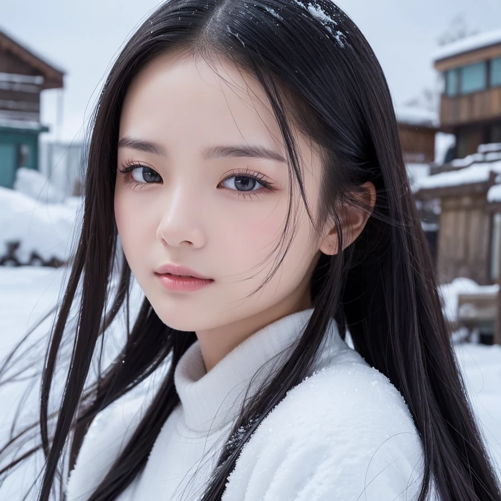 Close-up of face - You have long black and shiny hair,Usually tied into a ponytail,Looks fresh and natural。Your skin is as white as snow,Blowing bombs can be broken,Gives a feeling of purity。