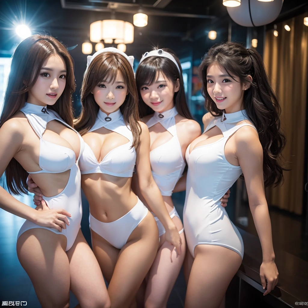 Three cute women. Their costumes are super sexy, with a white base. The camera angle is set so that the whole body of the person is included. The background is shining with unrealistic light patterns.