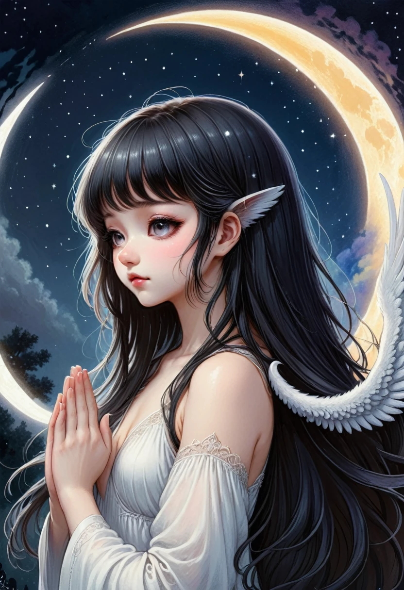 a girl, divided into two halves, left half white angel, right half black demon, anime style, long hair with bangs, hands in prayer, background is white crescent moon, eyes closed, cute, detailed art style, pastel colors, digital painting, fantasy, art nouveau style