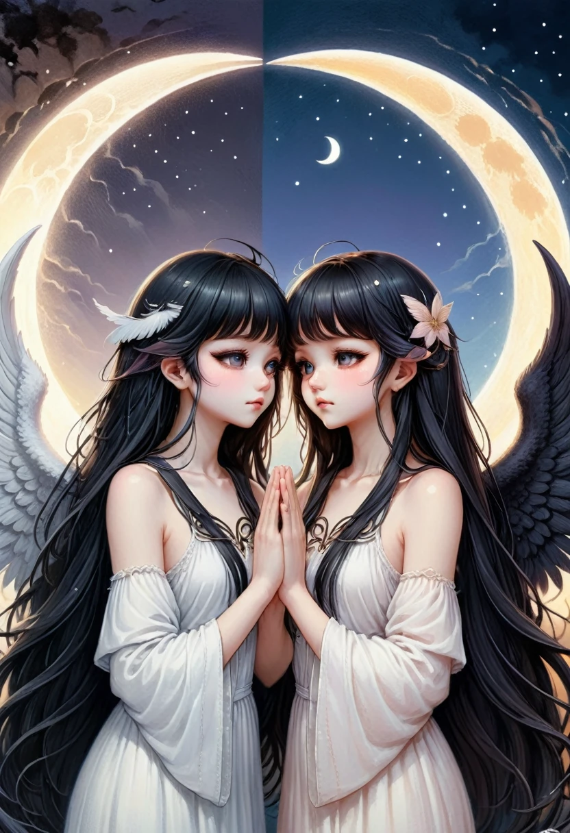 a girl, divided into two halves, left half white angel, right half black demon, anime style, long hair with bangs, hands in prayer, background is white crescent moon, eyes closed, cute, detailed art style, pastel colors, digital painting, fantasy, art nouveau style