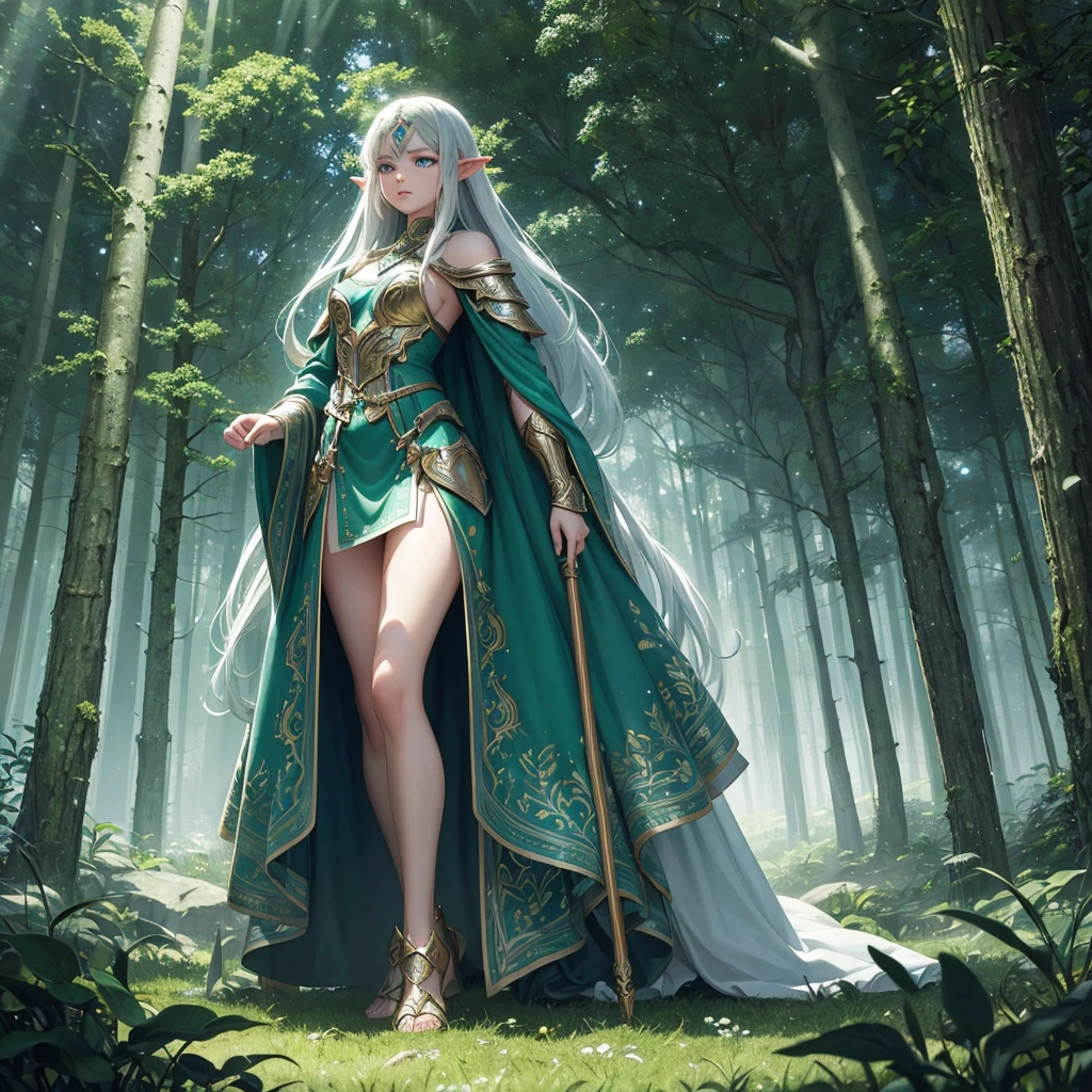 (((Masterpiece, best quality, high detailed, 8k))) Design a layout showcase Gaming character, (1girl). Light pink hair, green eyes, wearing a futuristic armor, wielding an empowering spear. (masterpiece:1.2), (best quality), ultra-detailed. (Step by step design, layout art:1.5), (luminous lighting, atmospheric lighting). Majestic elf in a magnificent forest with beautiful lighting. ((glove full hands)), intricate vambraces, high-tech legwear, (((full_body_shot:1.4))). The elf stands gracefully amidst ancient, towering trees, their leaves shimmering with a magical glow. The futuristic armor, a blend of sleek metal and glowing energy lines, contrasts beautifully with the natural surroundings. Her light pink hair flows softly around her, framing her elegant face with piercing green eyes that radiate wisdom and strength. The empowering spear she holds is adorned with mystical runes and a radiant crystal at its tip, pulsing with an ethereal light. She exudes an aura of power and serenity, perfectly harmonized with the enchanting beauty of the forest around her. Art style inspired by Artgerm, Kawacy, and Wadim Kashin.