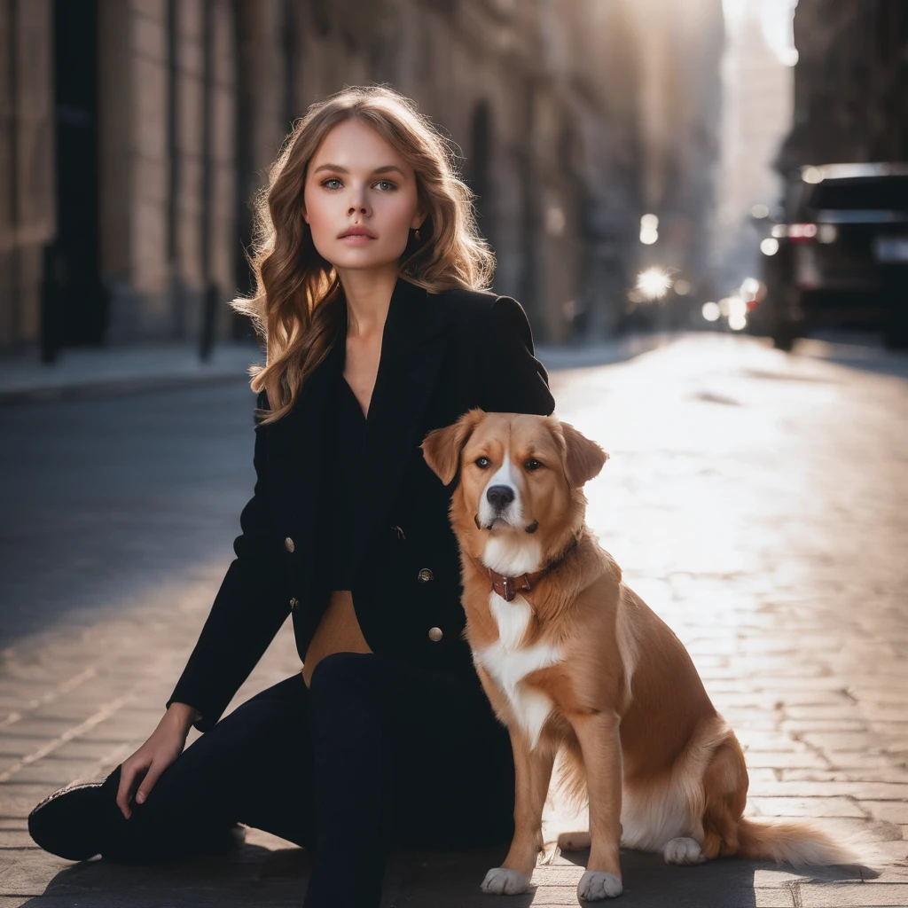 anastasia_shcheglova, instagram photo of a woman in a black jacket, sitting next to a cute dog, posing for the camera, ((perfect eyes, detailed eyes,realistic eyes)), ((sharp face, detailed face, realistic face, naturtal skin, realistic skin, detailed skin, pores)), (masterpiece, best quality, ultra-detailed, best shadow), high contrast, (best illumination), ((cinematic light)), colorful, hyper detail, dramatic light, intricate details, (1 girl, solo) , ultra detailed artistic photography, dreamy, backlit, shadows, ultra high definition, 8k, ultra sharp focus, ultra high quality model, soft lighting, film photography, analogue photography, hyperrealism,