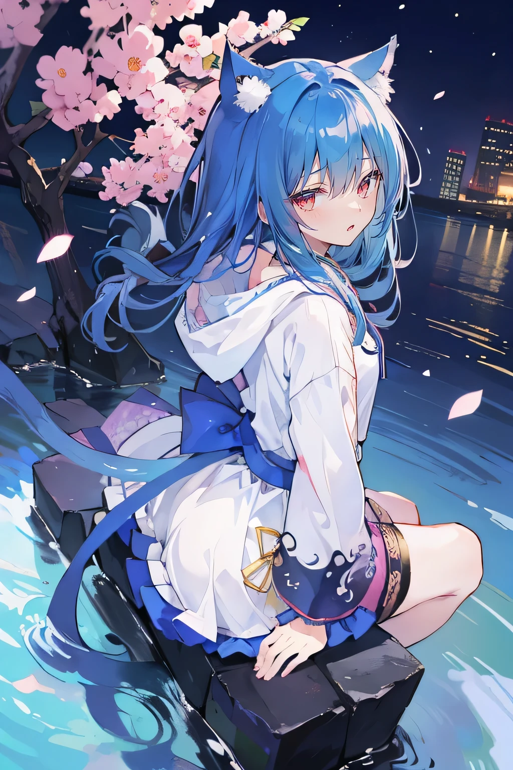 (masterpiece:1.2),Super detailed,lifelike,Expressive eyes,fair skin,perfect face shape,1 girl,
Japanese comics,Gorgeous blue hair,flowing blue hair,flowing clothes,Cat ears,Petals fall,beautiful lola,Baby Angel,
Shaking head with one hand,Cross your legs,Gentle and peaceful background,The pavilion is cool and comfortable,smile, wearing hoodie, background of tokyo,back views,snowing, winter,lie on the water.