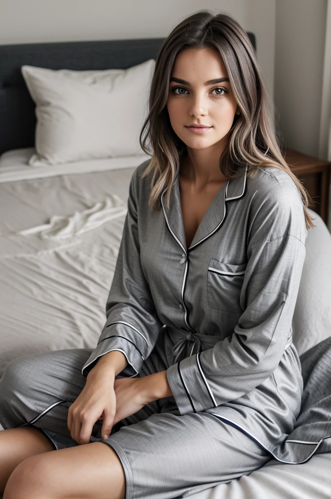 portrait, 1 fille, beau visage, cheveux asymétriques, cheveux multicolores, ceinture, portant un pyjama sexy, bouche couverte, nombril couvert, manches détachées, yeux gris, évent de hanche, assise sur son lit
