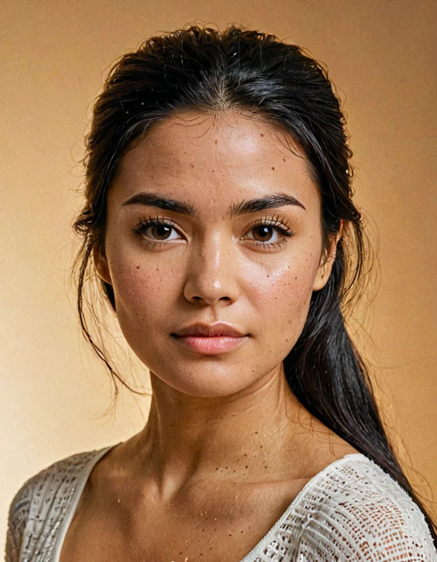 Picture of a woman, (sympathetic facial expression), ultra textured skin, goosebumps, black hair, half up, half down