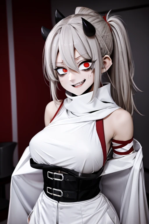 (high-quality, breathtaking),(expressive eyes, perfect face) Symmetrical Eyes, portrait, 2, 1girl, Female, alien, Race, Female, (pure white skin:1.1), bubblegum pure white skin color, red colored skin, smiling,(black sclera:1.2), red eyes, black baggypants culottes, belt, alien, M, shoulder holes, standing, no nose, grey background, medium cute length hair, wavy hair, hair between eyes, red corset, white scarf, ponytail, gesugao, bags under eyes, crazy eyes, almond shaped eyes, Toned. Anime, manga style, J.K. Golden horns shaped like a halo, scaled Skin. large Claws, Wide Eyes, Scars, eye shadow, white red black aesthetic, , Young, Slender. Demonic Angelic, Mystical, Fangs.