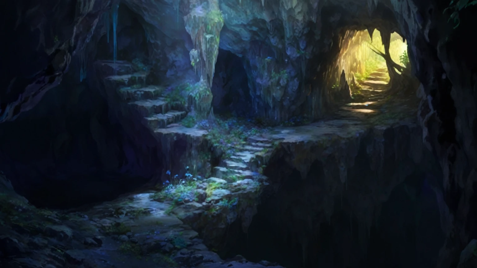 (anime, fantasy, cave), (best quality, high resolution, depth of filed, HDR:1.2),vibrant colors, mysterious atmosphere, cave, stalagmite, stalactite, goblin liar, dirty cave, small tunnel, isolated tunnel, dark tunnel: 1.5