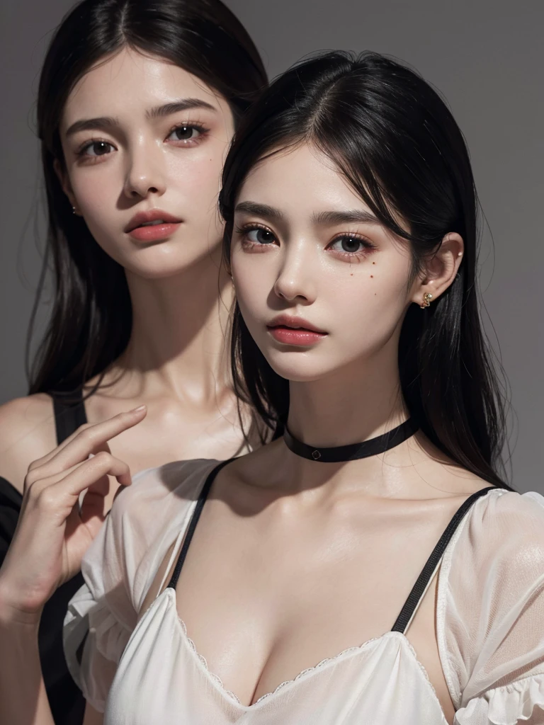 absurdres, RAW photo, extremely delicate and beautiful, masterpiece, Best Quality, ultra high resolution, 32k, hyperrealistic, ultra-detailed, in her 20s, delicate facial features, tearful mole, earring, huge breasts, ((full body shot)), shorter middle hair, black hair, collared shirt dress,