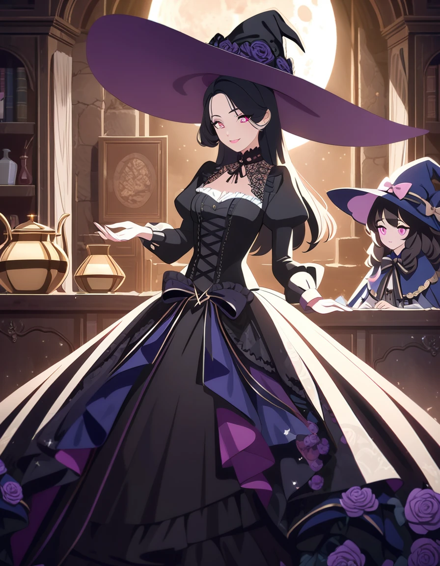 (best quality,4k,highres), pink-eyed,long black hair,girl looks happy,beautiful detailed eyes,beautiful detailed lips,long eyelashes,best quality portrait painting,detailed,physically-based rendering,ultra-fine painting,fine details,painting,a teenage boy has joined a witch coven and gets magically transformed into a cute teenage witch girl,gender bending,friendly witches are helping dressing up the new girl,she’s happily getting dressed in a stunning black victorian dress, physically-based rendering,gorgeous dress design,flowing gown,elaborate lace details,rich textures,contrast stitching,delicate ribbon bows,floral accents,full skirt,high neckline,long sleeves,fitted waistline,flared cuffs,lace-up back,imperfect fabrics,flawless silhouette,high heels, pink-eyed girl,effeminate face,pointy hat,long black hair,witches assisting in dressing up the new girl,promptly helps the new girl getting dressed in a stunning black Victorian dress,inside an abandoned castle, moonlit night with a full moon shining above, soft and ethereal lighting, magic pot, potions on a shelf, pentagram, high resolution, 4K, 8K