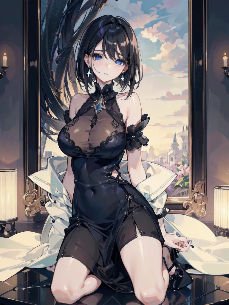 absurdres, RAW photo, extremely delicate and beautiful, masterpiece, Best Quality, ultra high resolution, 32k, hyperrealistic, ultra-detailed, delicate facial features, beautiful detailed woman, tearful mole, earring, medium breasts, full body shot, medium hair, black hair, Legendary Pirate, blouse, short skirt, off shoulder, Eroded Coastline,