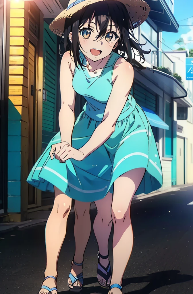 Himeragi Yukina, One Girl,Brown eyes, Black Hair, Hair between the eyes, Medium Hair, Medium chest,happy smile, smile, Open your mouth,White Hat,Blue Tank Top,Blue long skirt,Cute Sandals,whole bodyがイラストに入るように,Walking,Sunset,evening,The sun is setting, break looking at viewer, whole body, break outdoors,Coastal Road, break (masterpiece:1.2), Highest quality, High resolution, unity 8k wallpaper, (shape:0.8), (Beautiful and beautiful eyes:1.6), Highly detailed face, Perfect lighting, Extremely detailed CG, (Perfect hands, Perfect Anatomy),