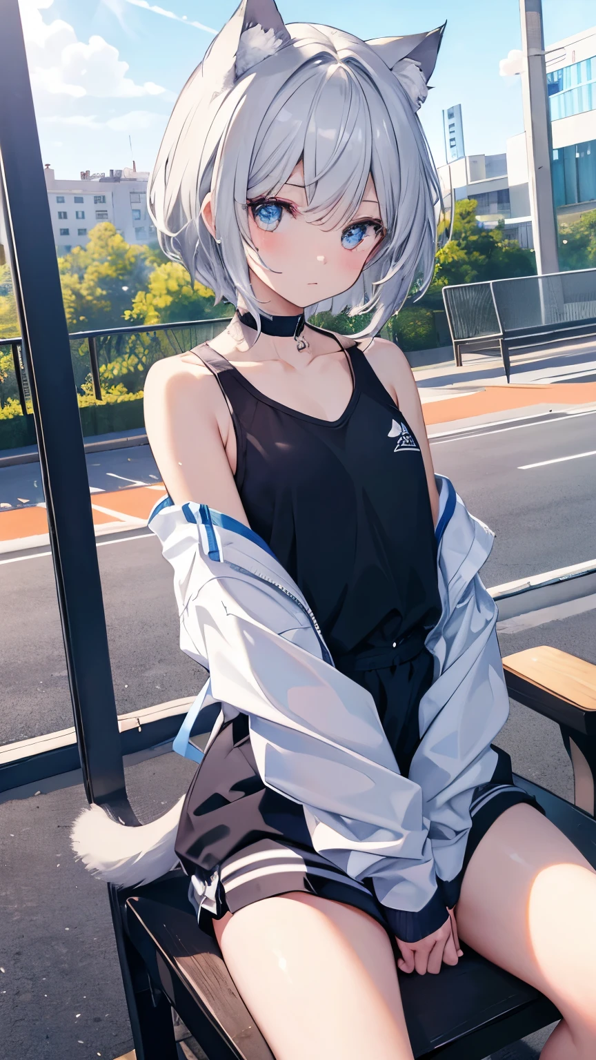 short hair,Short Hair,Straight Hair、Gray Hair、Twinkling eyes、Amber Eyes、Cat ear、Cat tail,Embarrassing,playground,blue sky,separate,small胸、shine、reflected light、Film Grain、masterpiece、Textured skin、Super Detail、High Detail、high quality、最high quality、High resolution、16K、shine,Sportswear,(small,Young,Lori),Sweat,first round