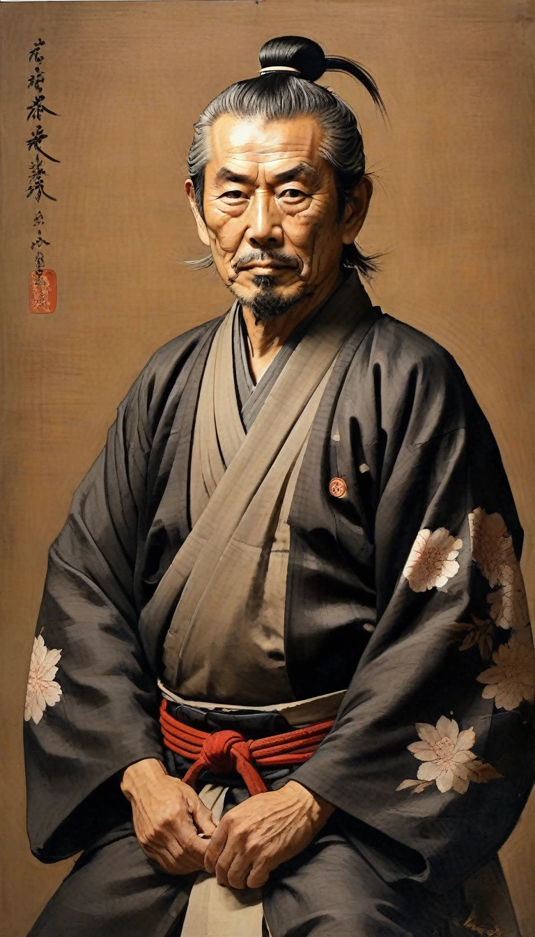 Samurai Portrait, warrior painting, muscular warrior male painting, warrior, thin, low length, Incredibly muscular man, warrior, muscular warrior, miyamoto musashi, warriorの肖像,Musashi in his later years,Create a hyper-realistic portrait of miyamoto musashi in his later years. He is depicted with a calm and wise expression, wearing traditional samurai attire. The background is a simple and elegant setting, perhaps a traditional Japanese room with tatami mats and a scroll on the wall, reflecting his legacy and wisdom.