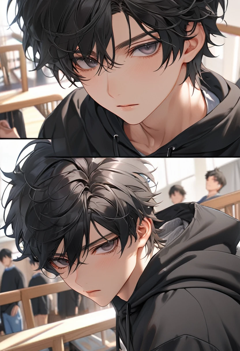 A highschool boy, handsome, perfect body, black hair, short hair, mullet, black eyes, upturned eyes, expressionless, black hoodie, anime, first-person view, masterpiece, anatomically correct, high details, highres, best quality, super detail, 1080P
