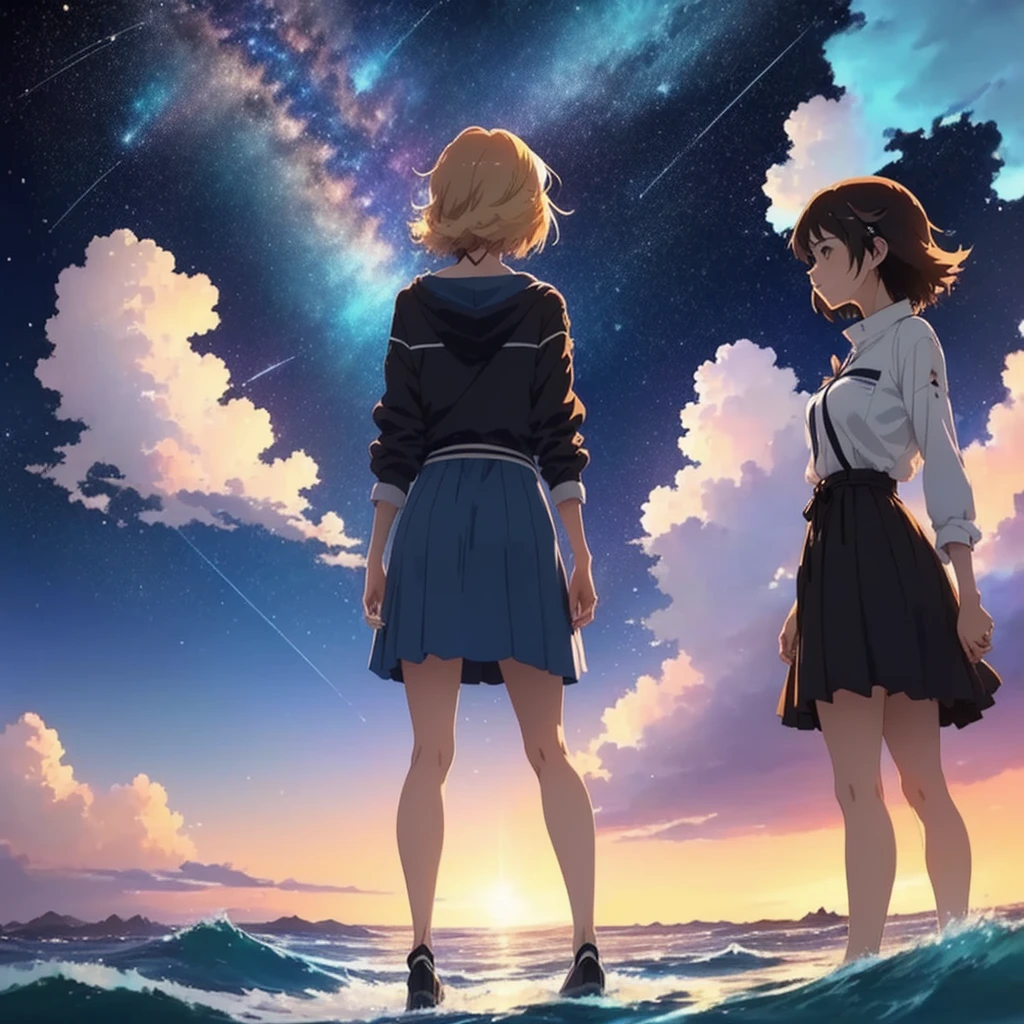 Woman standing on the waves and watching a shooting star, Makoto Shinkai Cyril Rolland, background shooting star, anime wallpaper 4k, anime wallpaper 4k, 4k anime wallpaper, Anime Sky, anime art wallpaper 4k, Awesome Wallpapers, anime art wallpaper 4k, Space Sky. by Makoto Shinkai, Anime Art Wallpapers 8K, Anime Background