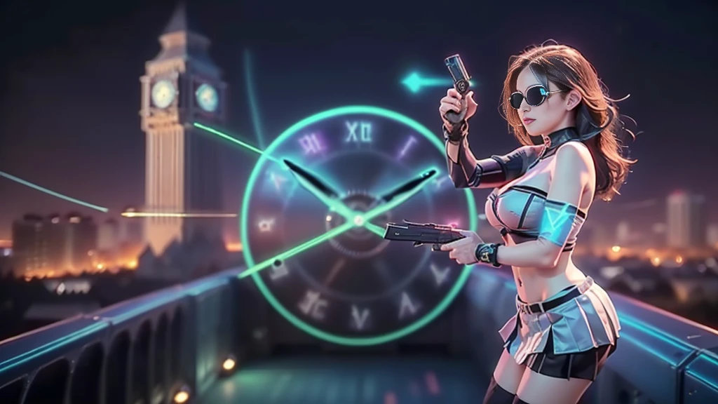 (aerial view). at night, futuristic sci-fi cyberpunk city, broad viaduct, skyscrapers at the end of the viaduct, the movie "13th Floor" style, (((((voltex-spirit-spreading giant clock tower as time machine))))), hq. Matrix style, at night, (1girl, solo), photo realistic, (large-breast:1.2 slim body, cleavage:1.3), (((tube top, extreamly short pleated (((miniskirt))) exposing panty))), (((((matrix style black sunglasses))))), (((((aiming at camera with a (short pistol)))))), (((half-body (thigh level) medium shot))), (cinematic lighting).