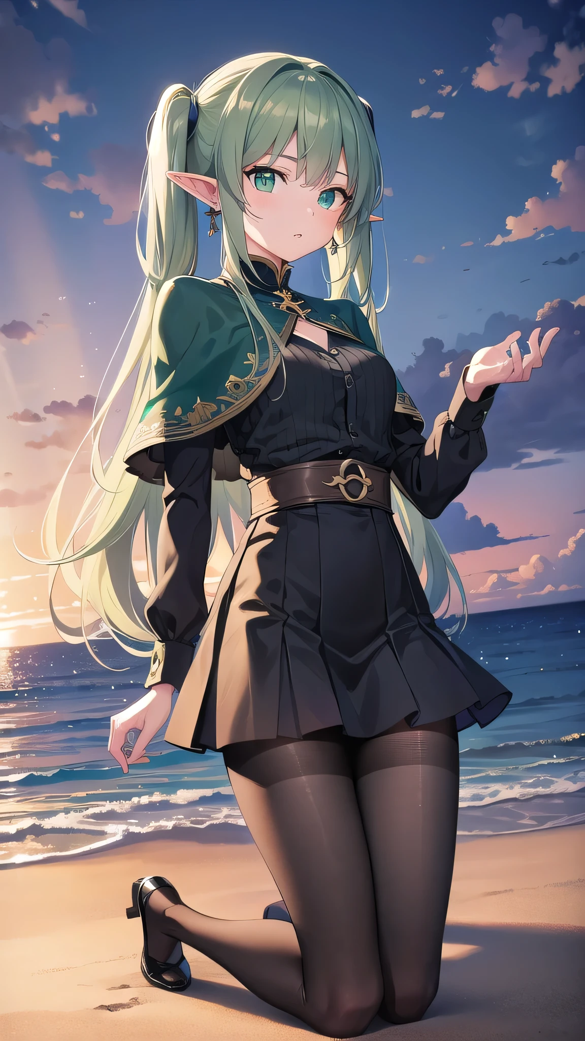 frieren, frieren, long hair, twintails, (green eyes:1.5), grey hair, pointy ears, elf,
BREAK shirt, long sleeves, jewelry, pantyhose, earrings, striped, black pantyhose, capelet, striped shirt,
BREAK looking at viewer, upper body, (full body:1.2),
BREAK outdoors, sky, nature,
BREAK (masterpiece:1.2), best quality, high resolution, unity 8k wallpaper, (illustration:0.8), (beautiful detailed eyes:1.6), extremely detailed face, perfect lighting, extremely detailed CG, (perfect hands, perfect anatomy),