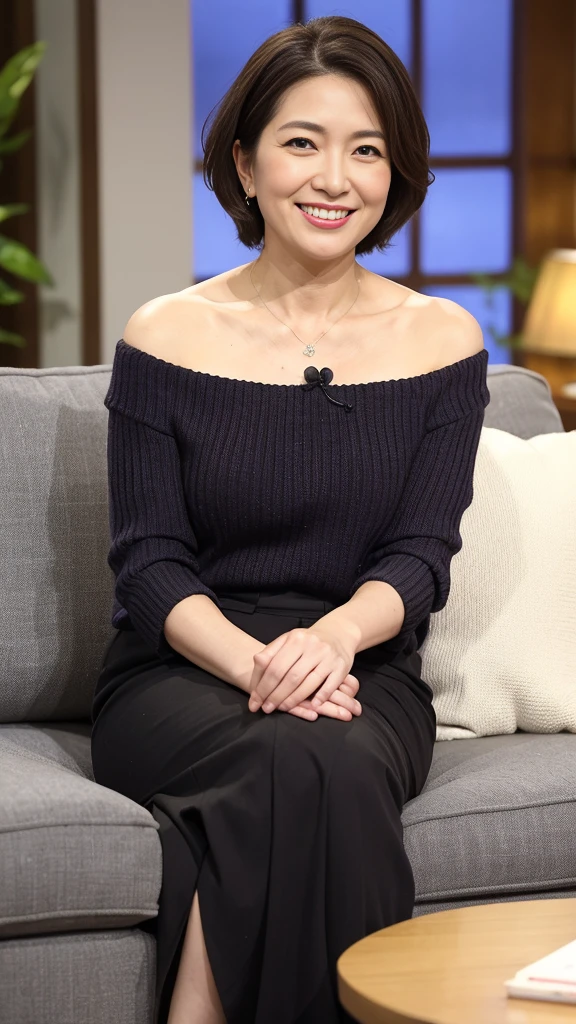 最high quality, 8K, Vibrant, Sharp focus, high quality, High resolution, Middle-aged women, Mature Woman, 55 years old, (Whole Body Ezbian), (High heels face detail, Highly detailed eyes, Plump figure、Plump face
"prompt": "A woman with short black hair is sitting on a sofa, wearing a colorful off-shoulder knit that reaches her knees. She is radiating the best smile, exuding warmth and happiness. The scene is set in a cozy living room with soft lighting, highlighting her joyful expression. The knit is vibrant and detailed, adding a pop of color to the setting. The overall atmosphere is cheerful and inviting, capturing a moment of pure joy and comfort.",