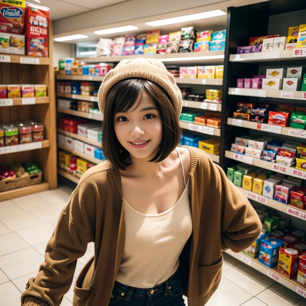 1. A young woman wearing a brown jacket and a beige hat.
2. She looks into the camera with a friendly smile.
3. The background is the interior of a Japanese convenience store, with bright, colorful shelves lined with products.
4. The camera angle is a wide fisheye lens, with the woman leaning forward.
Style:
• Casual
• Bright and fun
• High resolution
• Realistic textures
Additional details:
• The woman has a shoulder-length bob haircut.
• The store is brightly lit, with pop signs and products in the background.