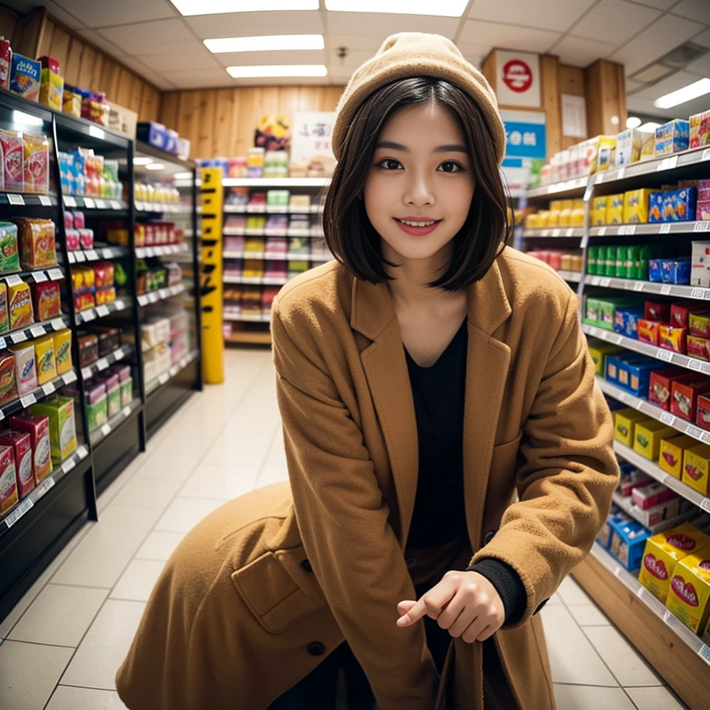 1. A young woman wearing a brown jacket and a beige hat.

2. She looks into the camera with a friendly smile.

3. The background is the interior of a Japanese convenience store, with bright, colorful shelves lined with products.

4. The camera angle is a wide fisheye lens, with the woman leaning forward.

Style:

• Casual

• Bright and fun

• High resolution

• Realistic textures

Additional details:

• The woman has a shoulder-length bob haircut.

• The store is brightly lit, with pop signs and products in the background.