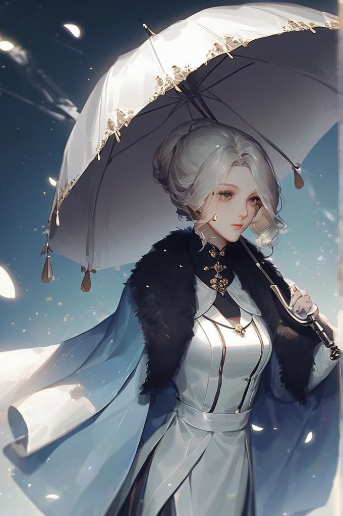 ((Лучшее качество)), ((шедевр)), (подробный), Draw a pragmatic woman who will walk under an umbrella
