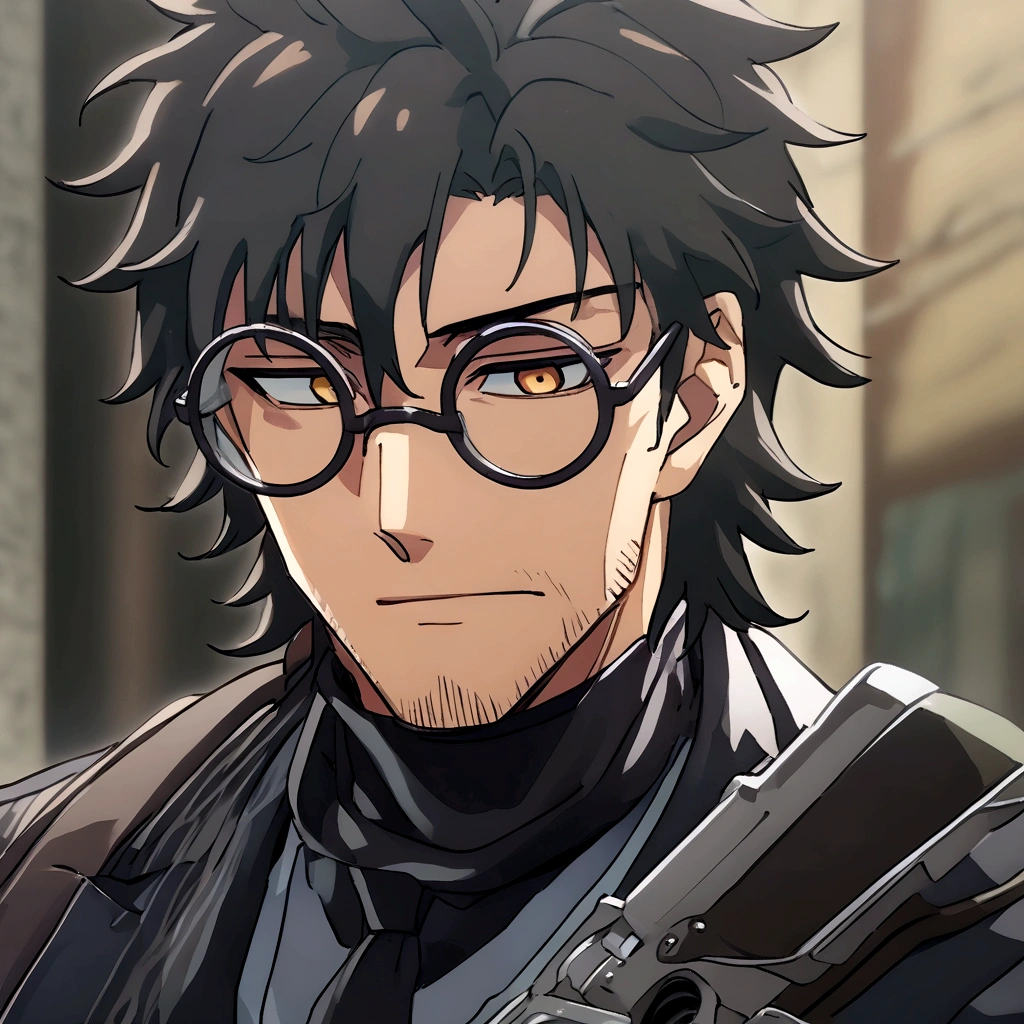 Anime man, stubble beard, cold-hearted face, black fluffy messy hair, cool black suit, cool, ((best quality)), black scarf, black waist straps, Fanny pack around torso, circle glasses, holding a revolver, black turtleneck collar, black tie, black shirt