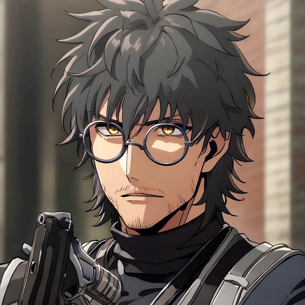 Anime man, stubble beard, cold-hearted face, black fluffy messy hair, cool black suit, cool, ((best quality)), black scarf, black waist straps, Fanny pack around torso, circle glasses, holding a revolver, black turtleneck collar, black tie, black shirt